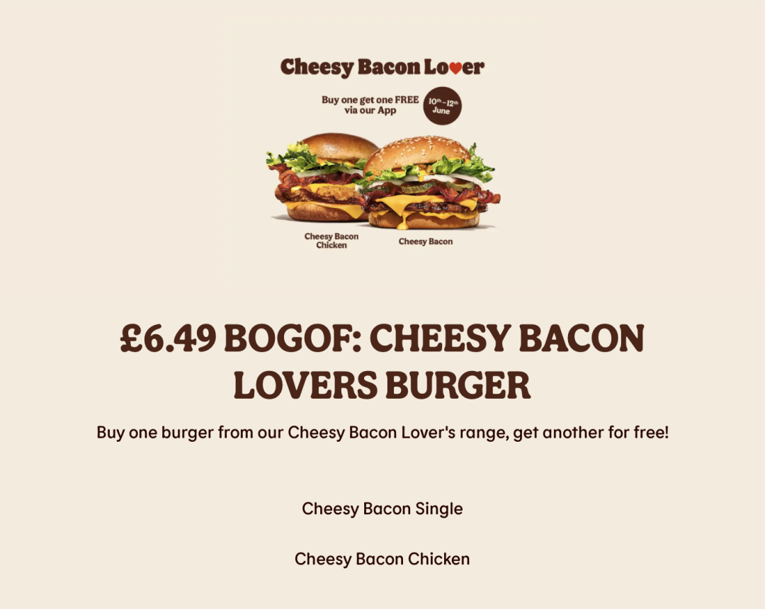 Burger King闪促芝士培根汉堡买1送1！Cheesy Bacon Lovers系列汉堡买一送一啦！